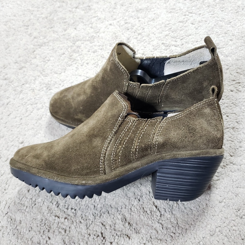 Fly London Booties Womens 7.5/8 Green Suede Slip On Chunky Heel Comfort Shoes